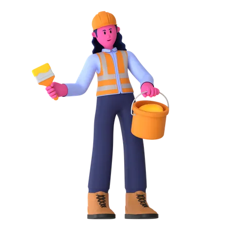 Female Worker Holding Paint Bucket  3D Illustration