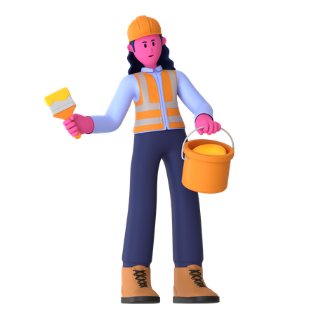 Female Worker Holding Paint Bucket  3D Icon