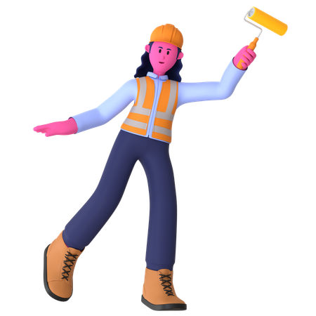 Female Worker Holding Paint Roller  3D Icon
