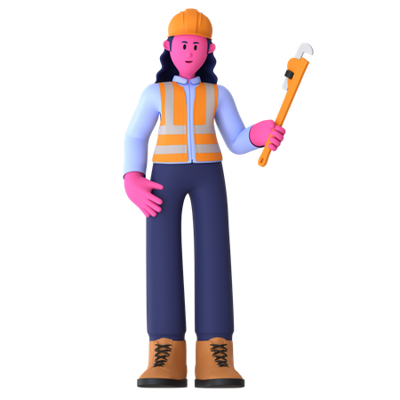 Female Worker Holding Pipe Wrench  3D Illustration