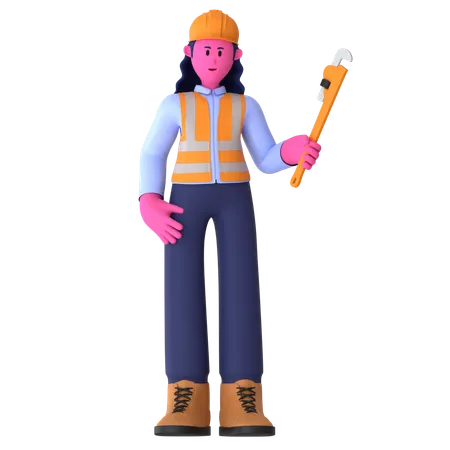 Female Worker Holding Pipe Wrench  3D Illustration