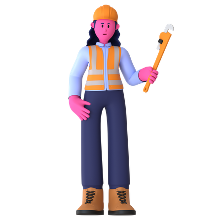 Female Worker Holding Pipe Wrench  3D Icon