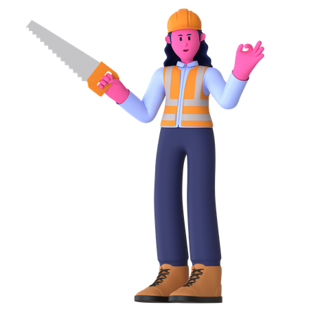 Female Worker Holding Saw  3D Illustration