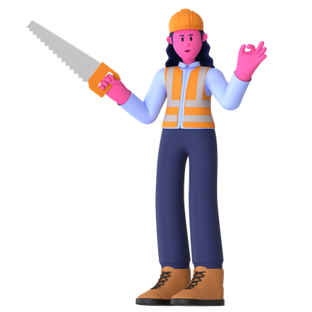 Female Worker Holding Saw  3D Icon