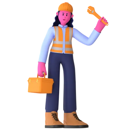 Female Worker Holding Tool Box  3D Illustration
