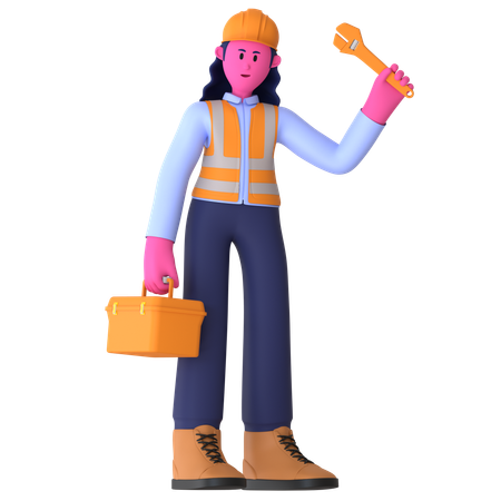 Female Worker Holding Tool Box  3D Icon