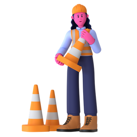 Female Worker Holding Traffic Cone  3D Illustration