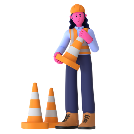 Female Worker Holding Traffic Cone  3D Illustration