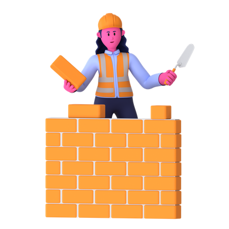 Female Worker Making Brick Wall  3D Icon