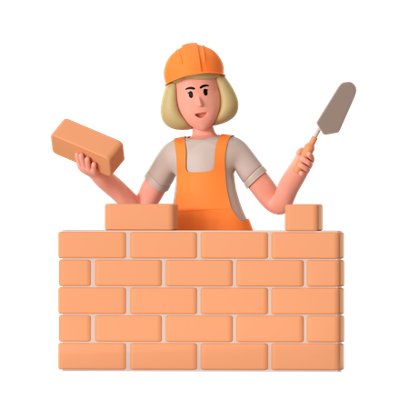 Female Worker Making Brick Wall  3D Illustration