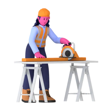 Female Worker Using Circular Saw  3D Illustration