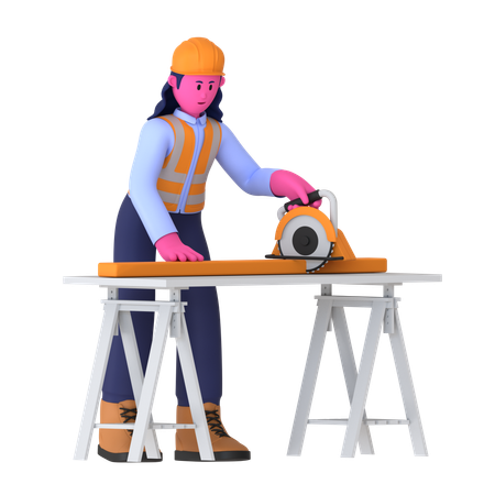 Female Worker Using Circular Saw  3D Icon