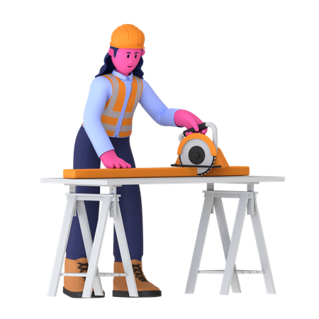 Female Worker Using Circular Saw  3D Illustration