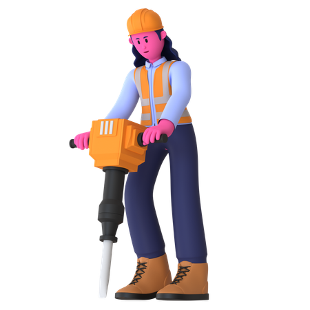 Female Worker Using Jackhammer  3D Illustration