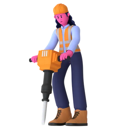Female Worker Using Jackhammer  3D Illustration