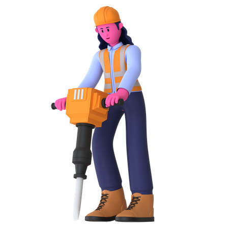 Female Worker Using Jackhammer  3D Icon