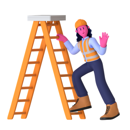 Female Worker Using Ladder  3D Icon