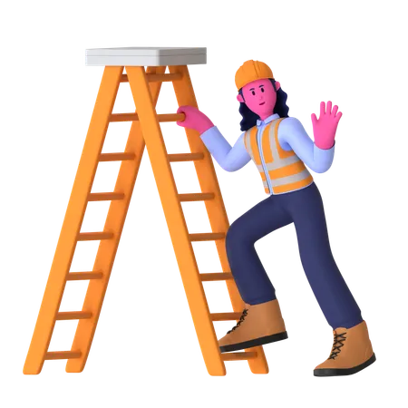 Female Worker Using Ladder  3D Illustration