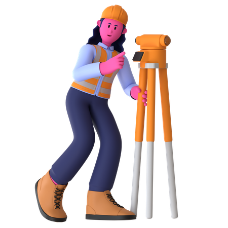 Female Worker Using Theodolite  3D Illustration