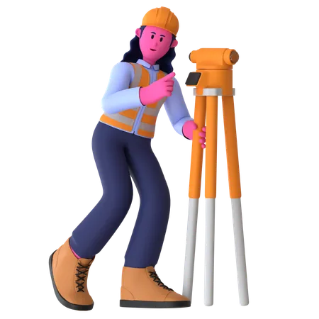 Female Worker Using Theodolite  3D Illustration
