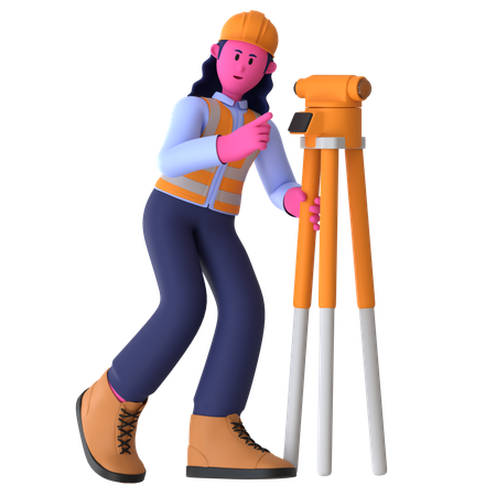 Female Worker Using Theodolite  3D Illustration