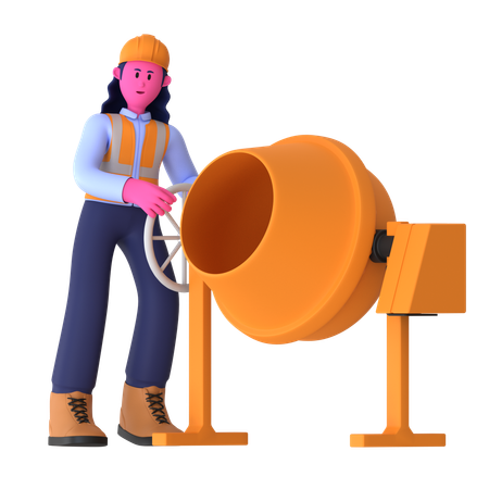 Female Worker With Concrete Mixer  3D Illustration