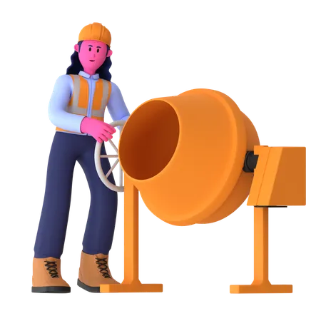 Female Worker With Concrete Mixer  3D Illustration