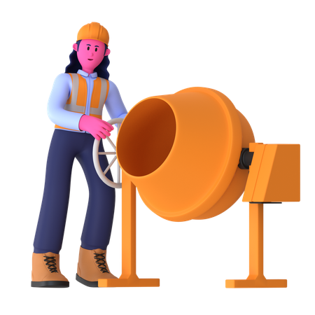Female Worker With Concrete Mixer  3D Icon