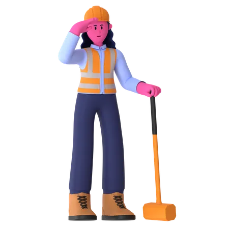 Female Worker With Hammer  3D Illustration