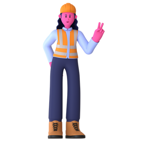 Female Worker With Peace Sign Gesture  3D Icon