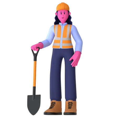 Female Worker With Shovel  3D Illustration