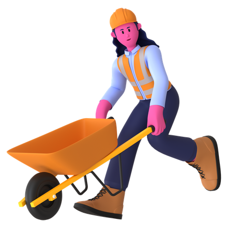 Female Worker With Wheelbarrow  3D Icon