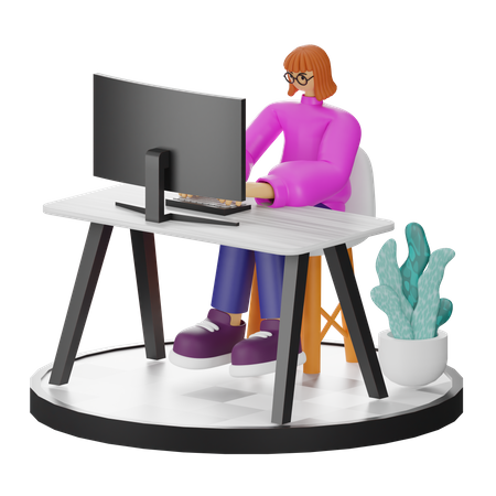 Female worker working on computer  3D Illustration