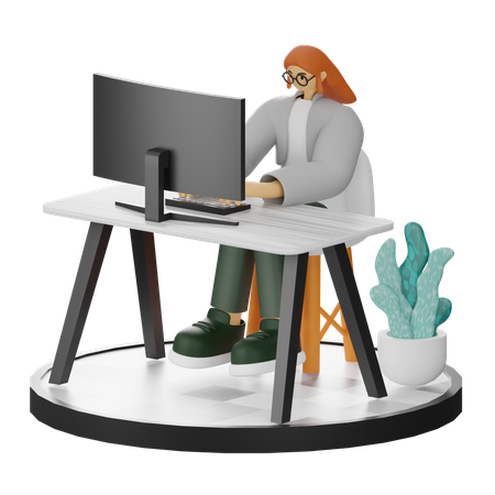 Female worker Working On Computer  3D Illustration