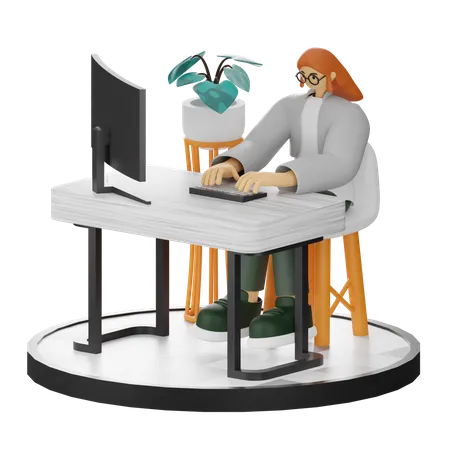 Female worker Working On Computer  3D Illustration