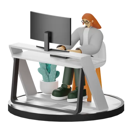 Female worker Working On Computer  3D Illustration