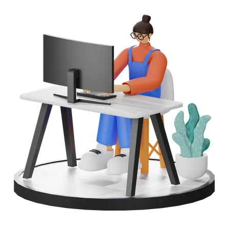 Female worker Working On Computer  3D Illustration