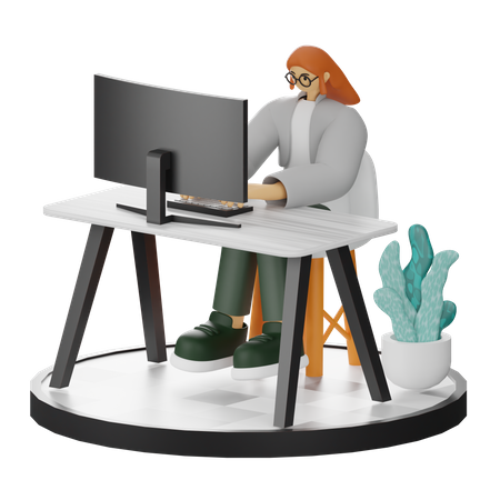 Female worker Working On Computer  3D Illustration