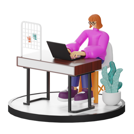 Female worker working on laptop in office  3D Illustration