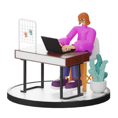Female worker working on laptop in office  3D Illustration