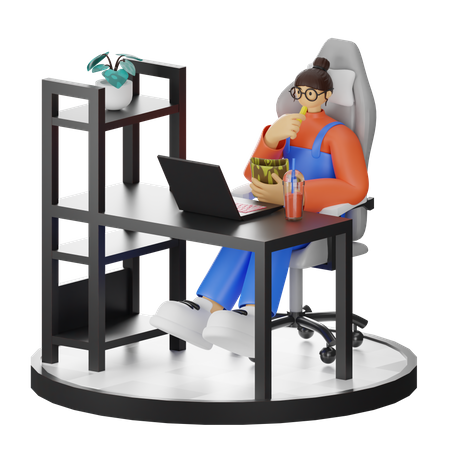 Female working on laptop while eating snack  3D Illustration