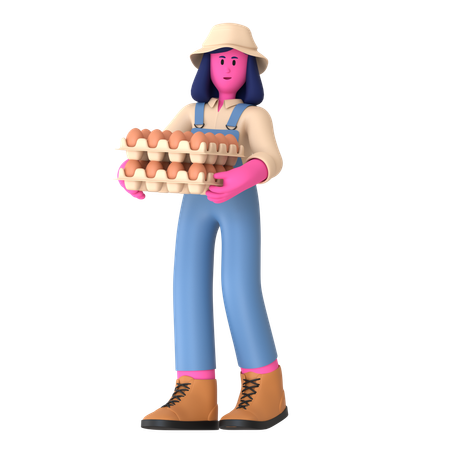 Agricultora segurando bandeja de ovos  3D Illustration