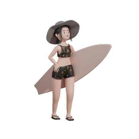Fêmea com prancha de surf  3D Illustration