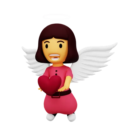 Cupido feminino segurando coração  3D Illustration