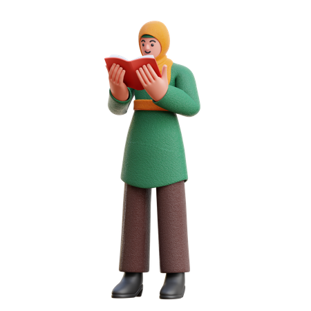 Hijab feminino lendo um livro seriamente em pé  3D Illustration