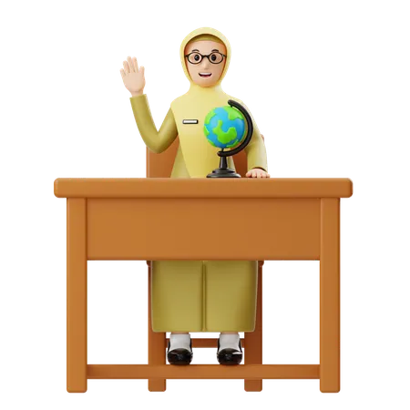 Saudações da professora Hijab feminina na mesa  3D Illustration