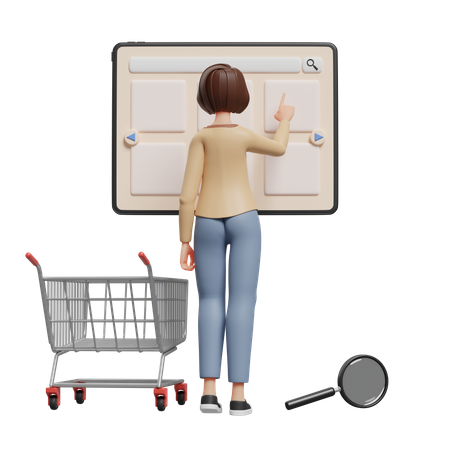 Femme recherchant des produits dans une boutique en ligne avec tablette  3D Illustration