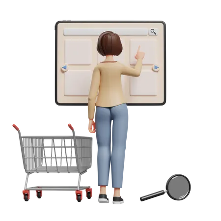 Femme recherchant des produits dans une boutique en ligne avec tablette  3D Illustration