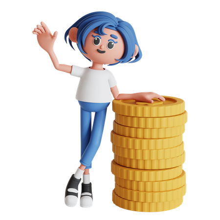 Femme agitant en s'appuyant sur une pile de pièces  3D Icon