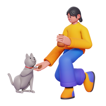 Femme nourrissant un chat  3D Illustration